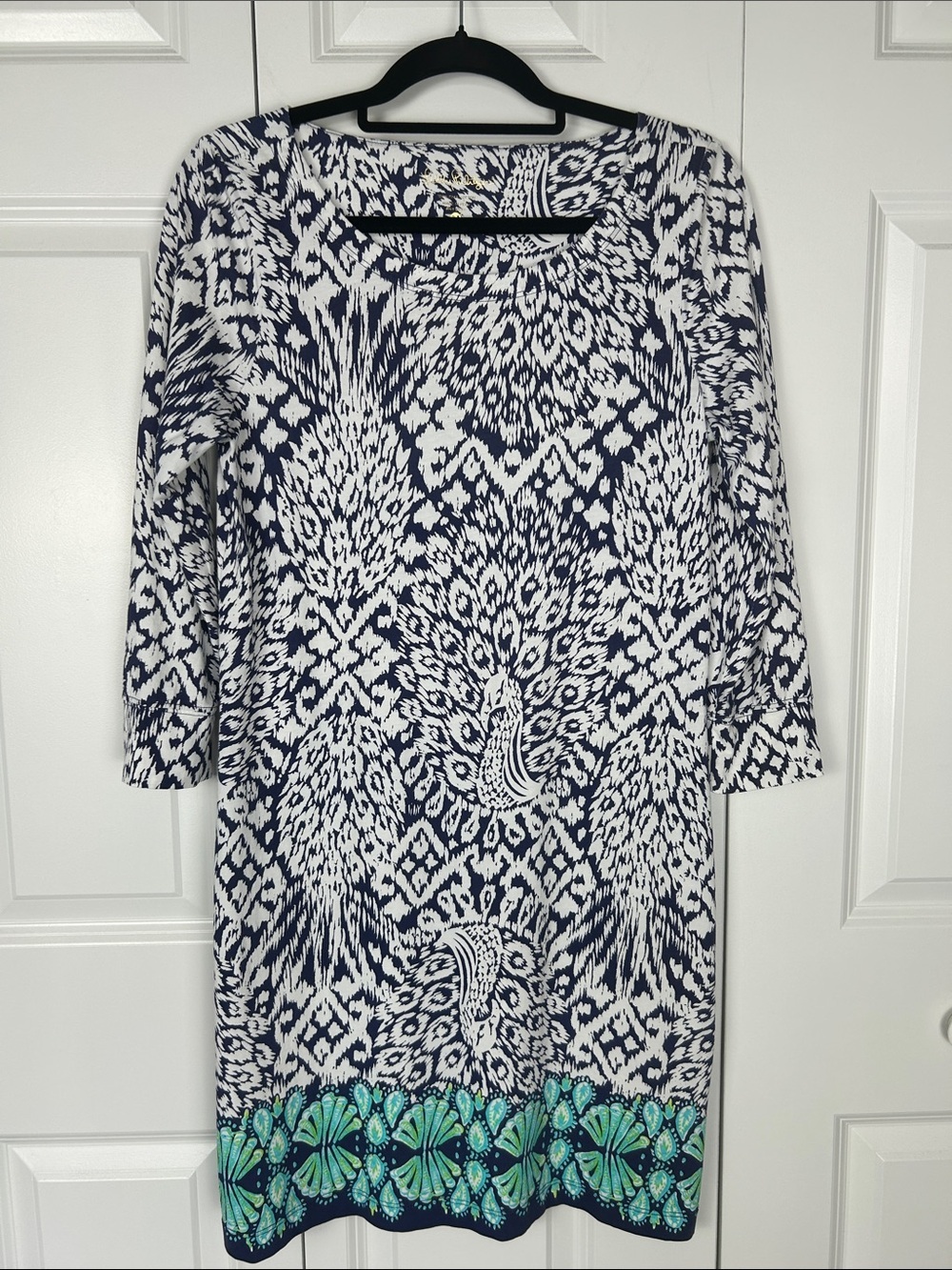 Lilly Pulitzer Navy and White Long Sleeve Shift Dress with Teal Accent Size M - Picture 2 of 4